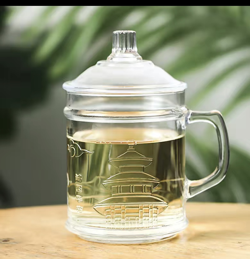 天阳玻璃耐热茶杯玻璃家用水杯加厚带盖茶饮杯把手泡茶杯子