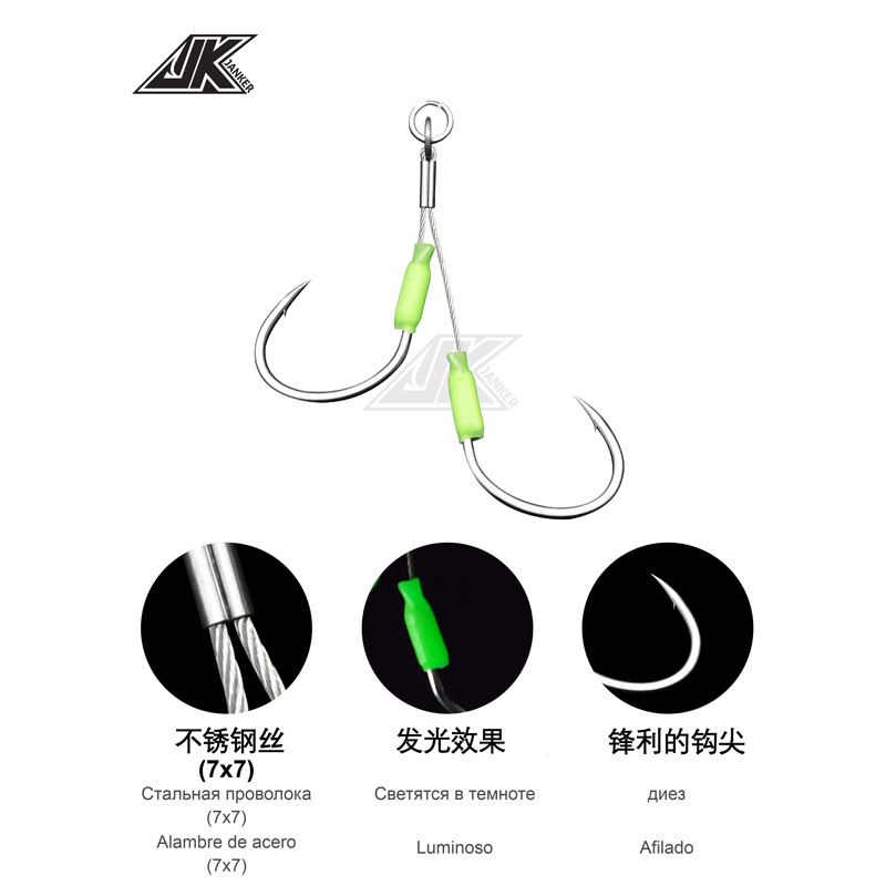 JK luminous slowly rocking iron plate hook stainless steel wire hook fluorescent lead fishing hook deep sea boat fishing anti-bite hand binding Luya double hook SWLS Specification drawing