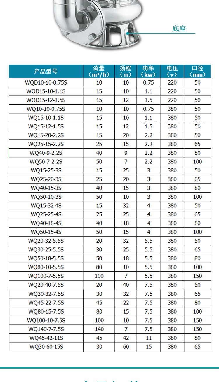 新款新界水泵WQD304不锈钢潜水泵抽水机污水泵耐腐蚀耐酸碱化工泵详情5