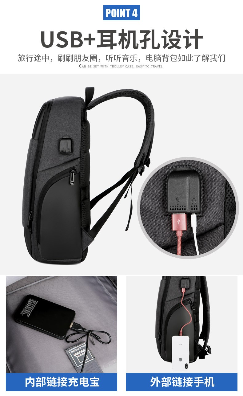 2020新款反光透气多功能USB耳机孔商务男士笔记本电脑双肩背包详情图3