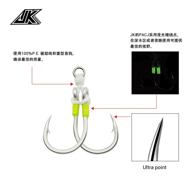 JK Swordman deep-sea iron plate hook pencil wave climbing wave scrabble bait hook luminous tail hook corrosion resistant boat fishing Luja double hook PACJ details Picture