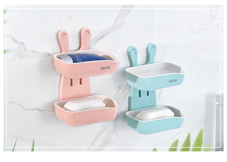 时尚创意小白兔造双层皂盒 简单方便免打孔无痕贴居家卫浴肥皂盒详情图3