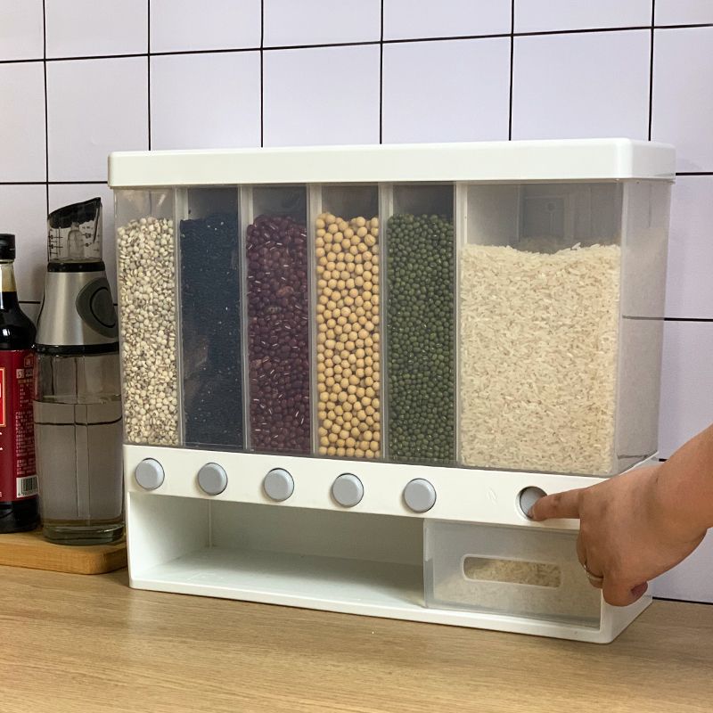 Five-grain storage box, compartments, grain storage tank, sealed kitchen beans, plastic transparent rice bucket, wall-mounted Specification drawing