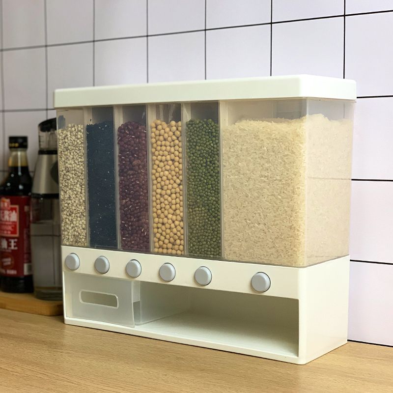 Five-grain storage box, compartments, grain storage tank, sealed kitchen beans, plastic transparent rice bucket, wall-mounted full figure