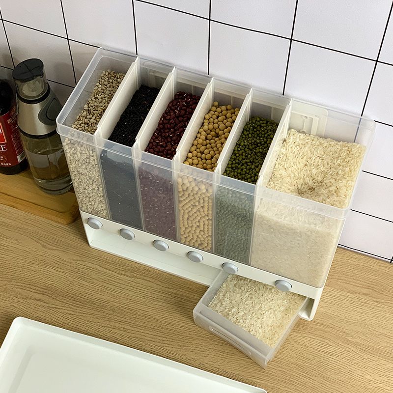 Five-grain storage box, compartments, grain storage tank, sealed kitchen beans, plastic transparent rice bucket, wall-mounted details Picture