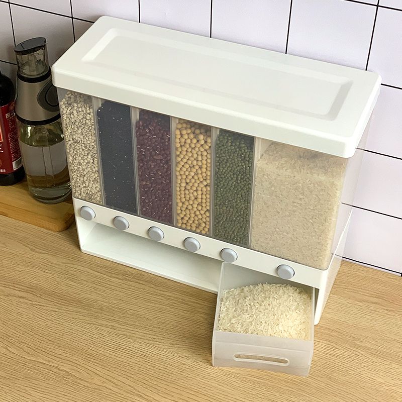 Five-grain storage box, compartments, grain storage tank, sealed kitchen beans, plastic transparent rice bucket, wall-mounted Application Scenario