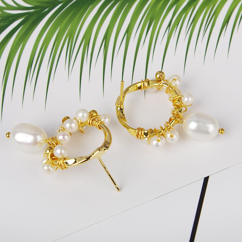 In 2020, 14K Gold Hand-Wound Natural Freshwater Pearl S925 Silver Stud Earrings Specification drawing