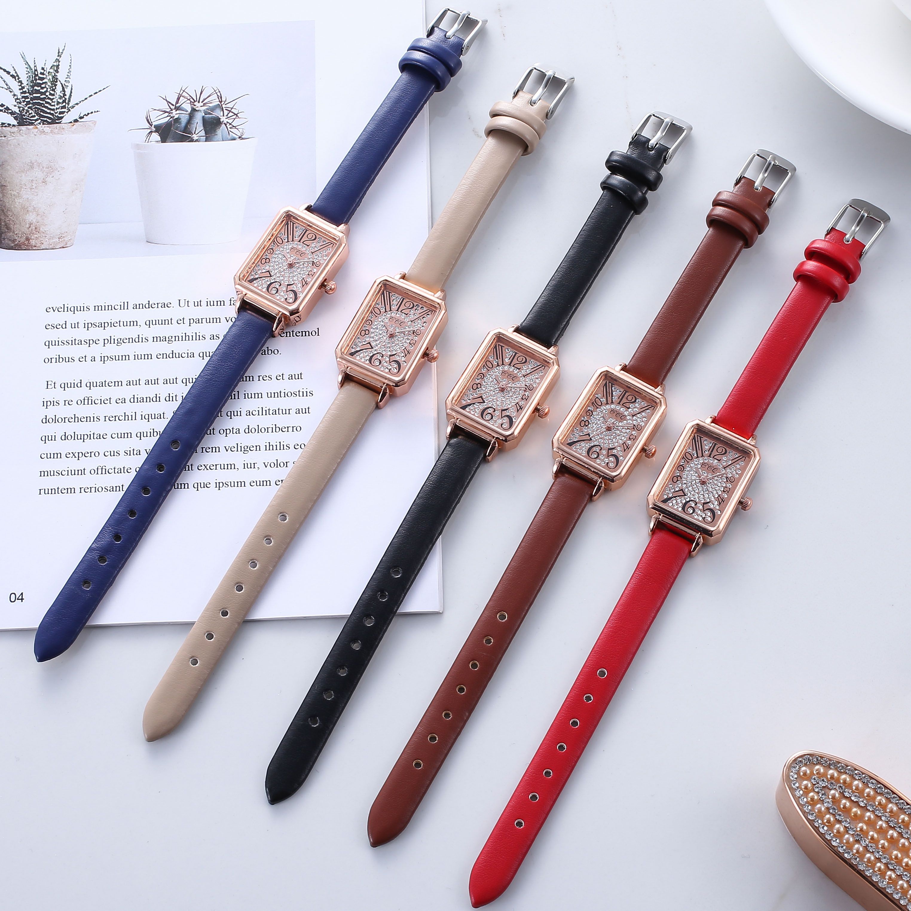 A small square watch with full diamonds and a fine leather strap for women is a bestseller on Douyin details Picture