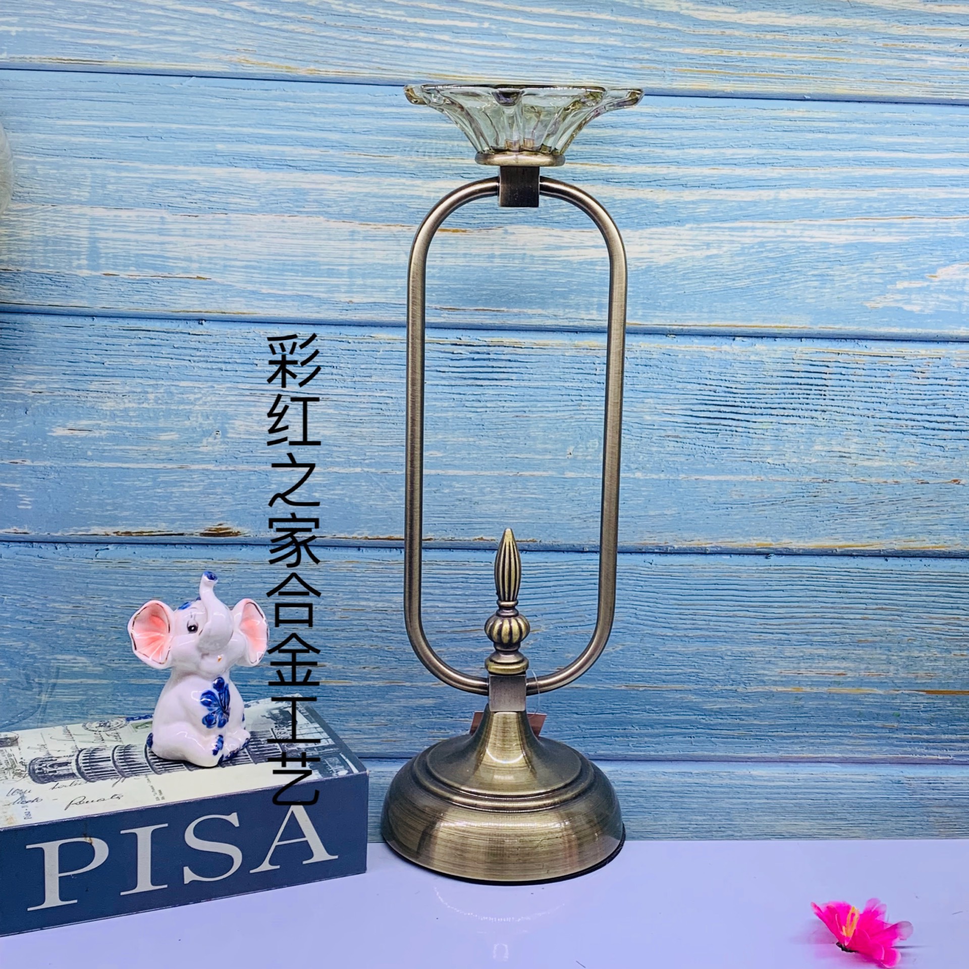 奢华美式餐桌样板房软装饰摆设 欧式餐桌客厅电视柜玻璃金属烛台高42详情图1