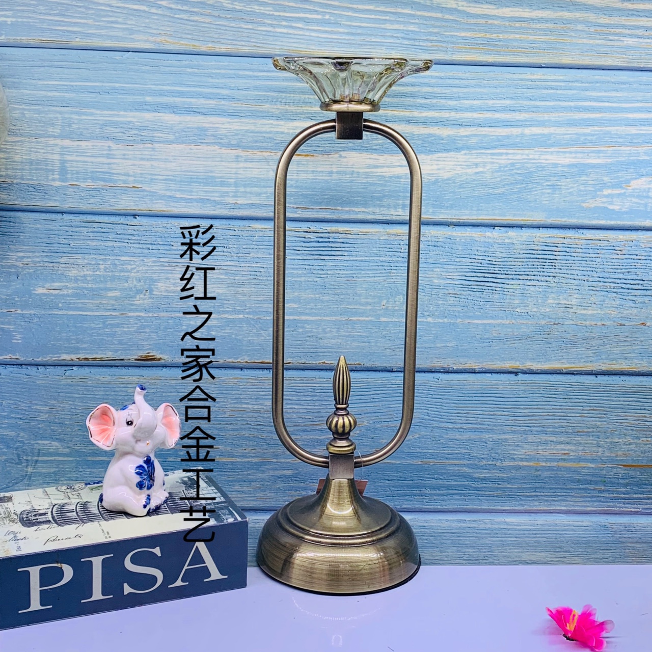 奢华美式餐桌样板房软装饰摆设 欧式餐桌客厅电视柜玻璃金属烛台高42