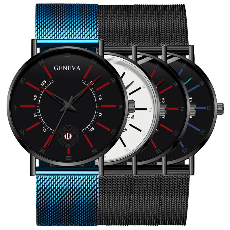 厂家直销新款男士GENEVA商务罗马刻度日历网带手表男款石英腕表