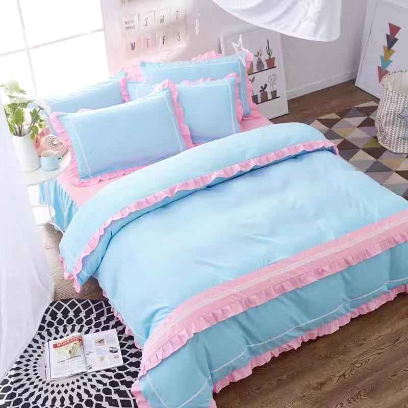 2021 New Factory Direct Retail Wholesale Bed Four-Piece Set Light Blue With Pink Edge
