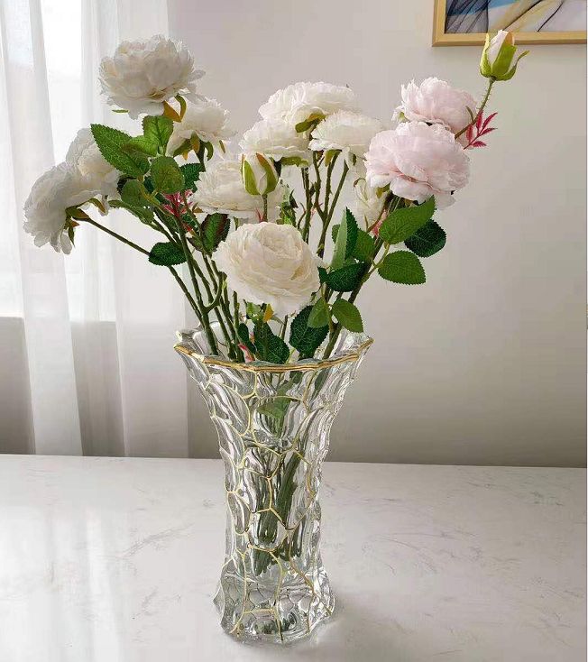 欧式创意现代客厅鲜花装饰摆件描金玻璃插花绽放透明花瓶图