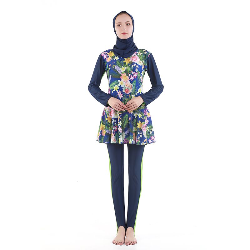 定制新款跨境长袖长裤中东女泳装Muslim保守回族穆斯林阿拉伯泳衣外单防晒遮肉印花工厂批发游泳衣外贸