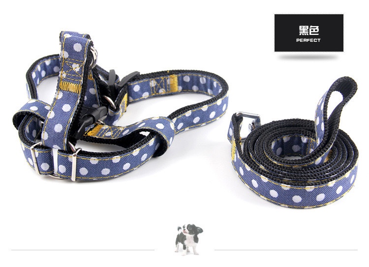 Factory direct sales of new polka dot denim leashes, pet denim chest and back pet leashes, dog chains wholesale 4