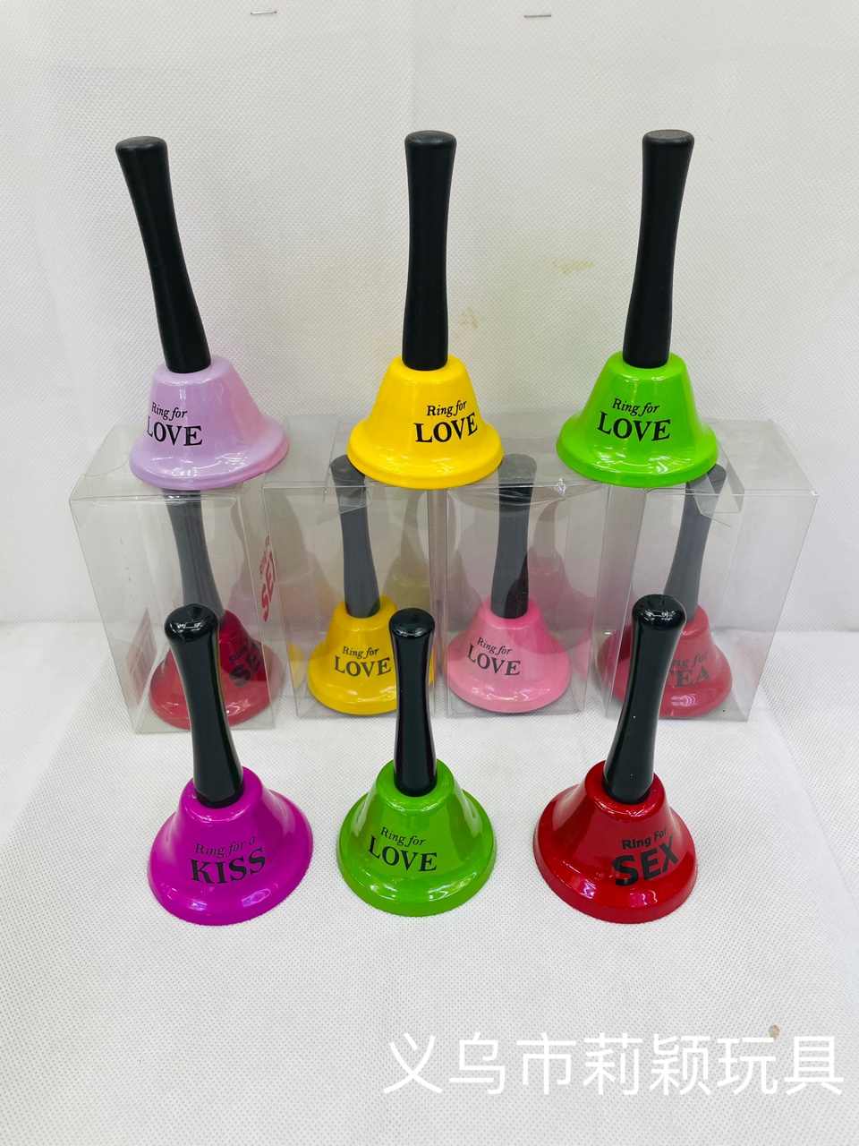6.5CM sm铃铛创意摇铃玩具摇铃Ring for SEX,Kiss,Love大红，紫色，玫红，粉红，黄色，黑R-1产品图