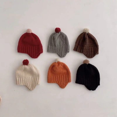 InS wind pure color big ball children's knitting cap ear cap autumn and winter lovely warm baby bean cap wool cap thumbnail