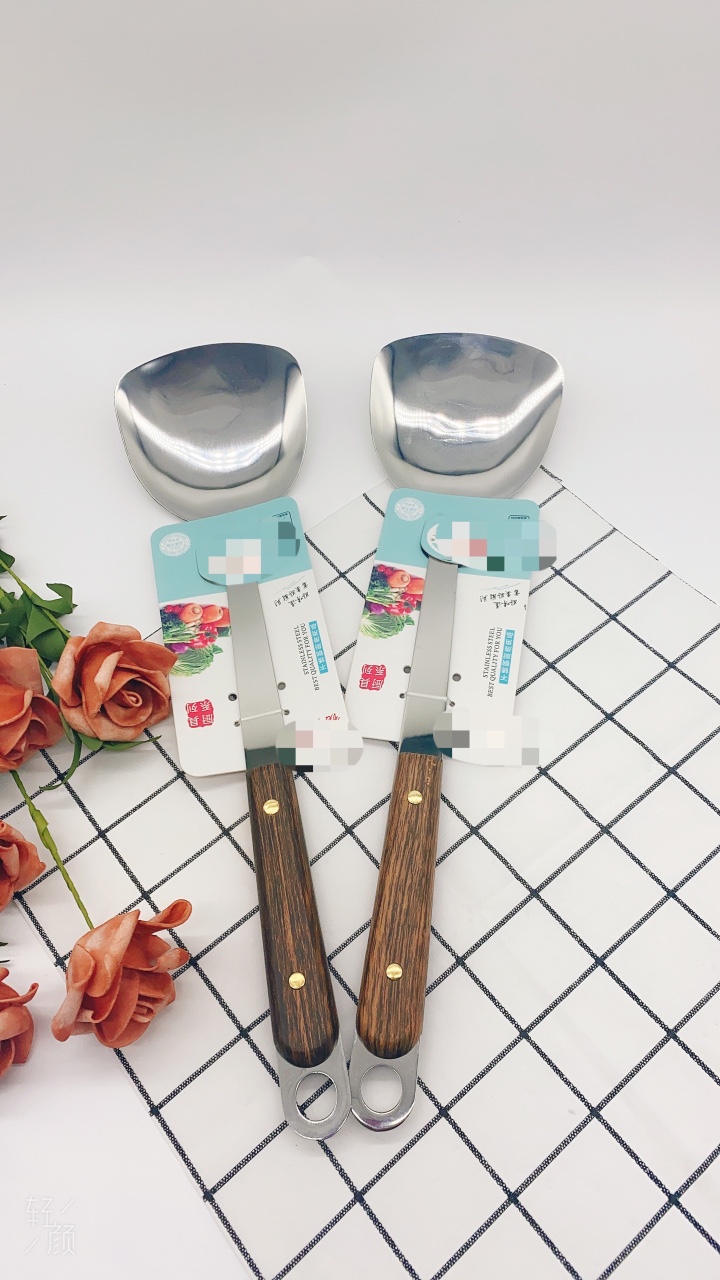 3mm 10# short round head 2-nail wood-grain spatula, stainless steel heat-resistant kitchenware, cooking spatula, thickened stir-frying spatula