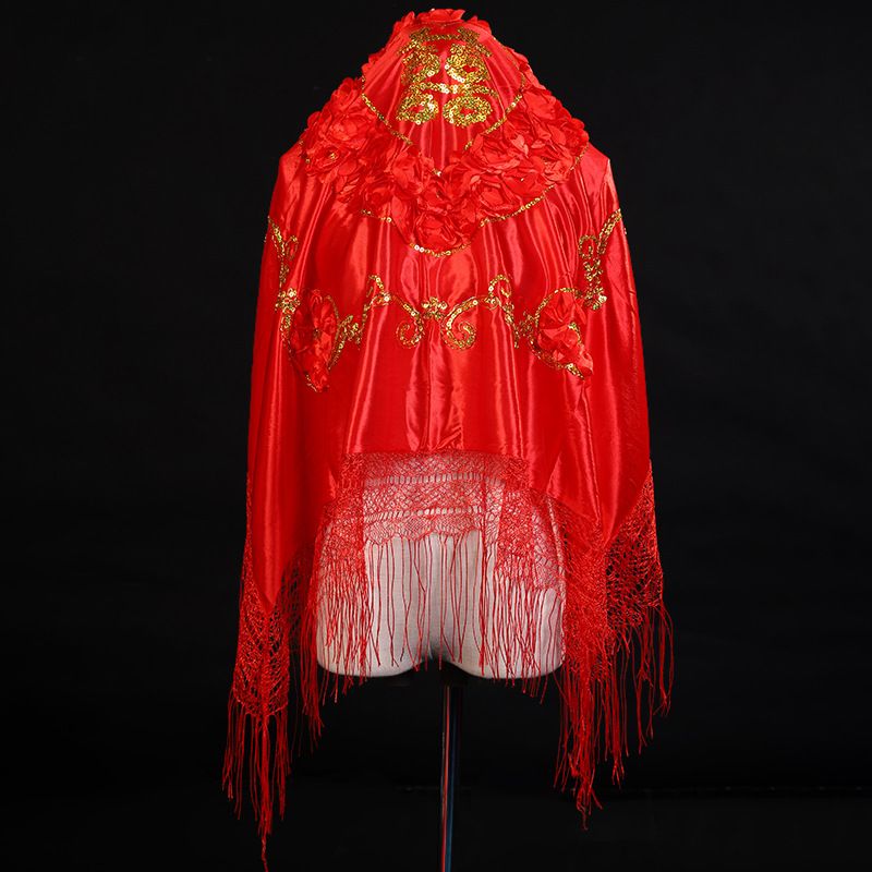 结婚新娘红盖头批发 中式缎布刺绣花边亮片盖头 长款流苏喜字盖头