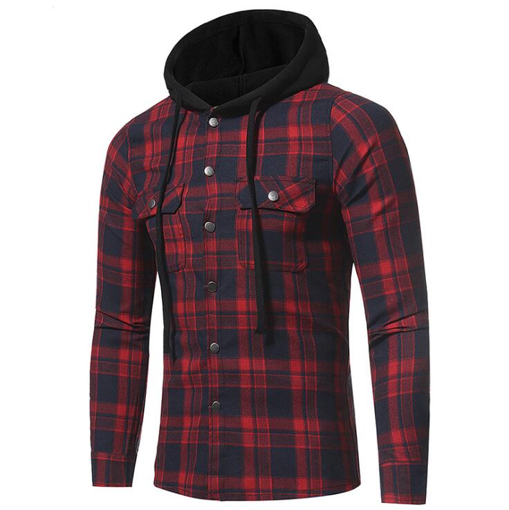 Manufacturers direct customized European and American fashion men's long-sleeve flannel grated check with a hat shirt thumbnail