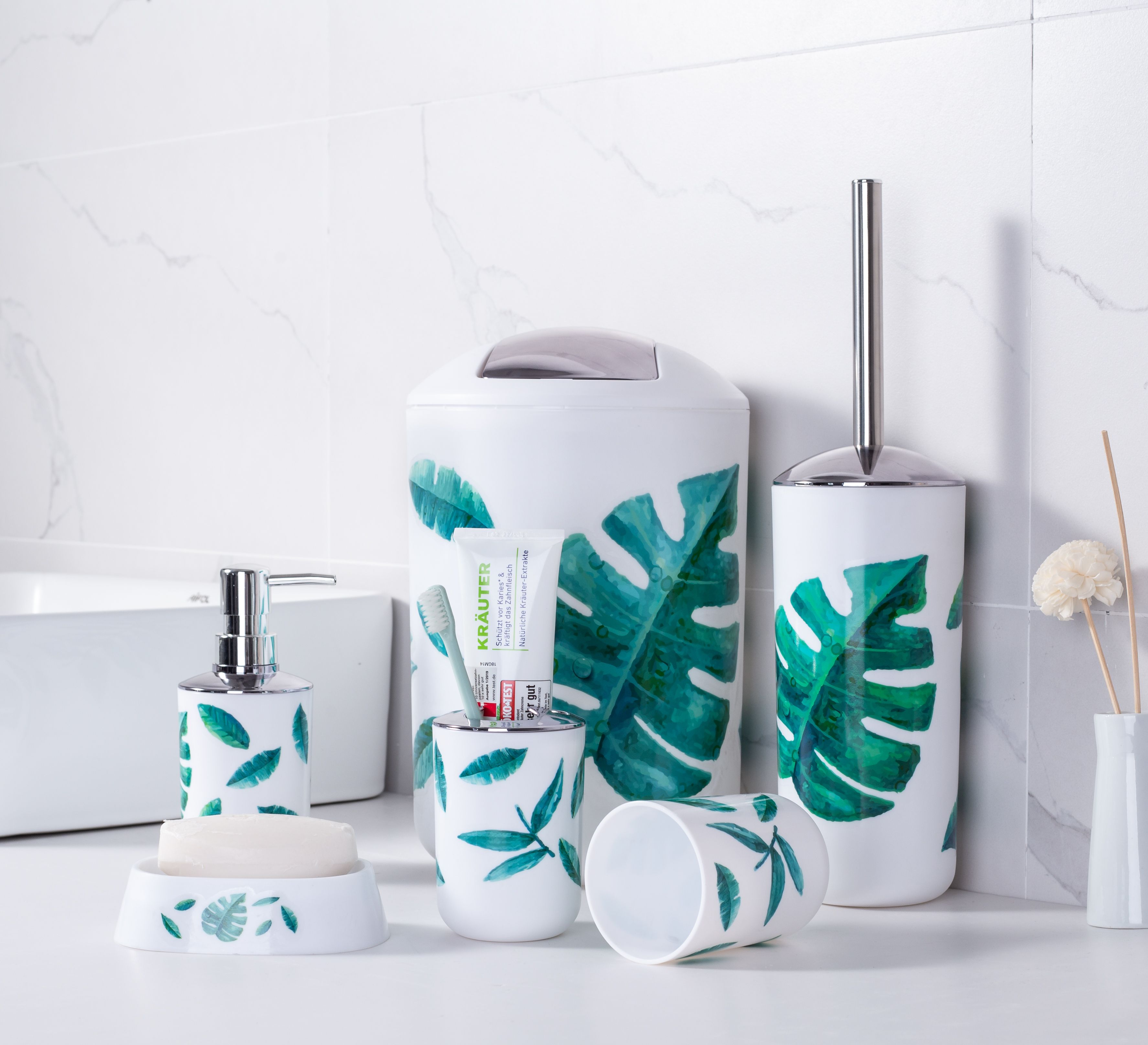 New printed bathroom 6-piece set Trash can lotion bottle toothbrush cup Toilet brush soap box thumbnail