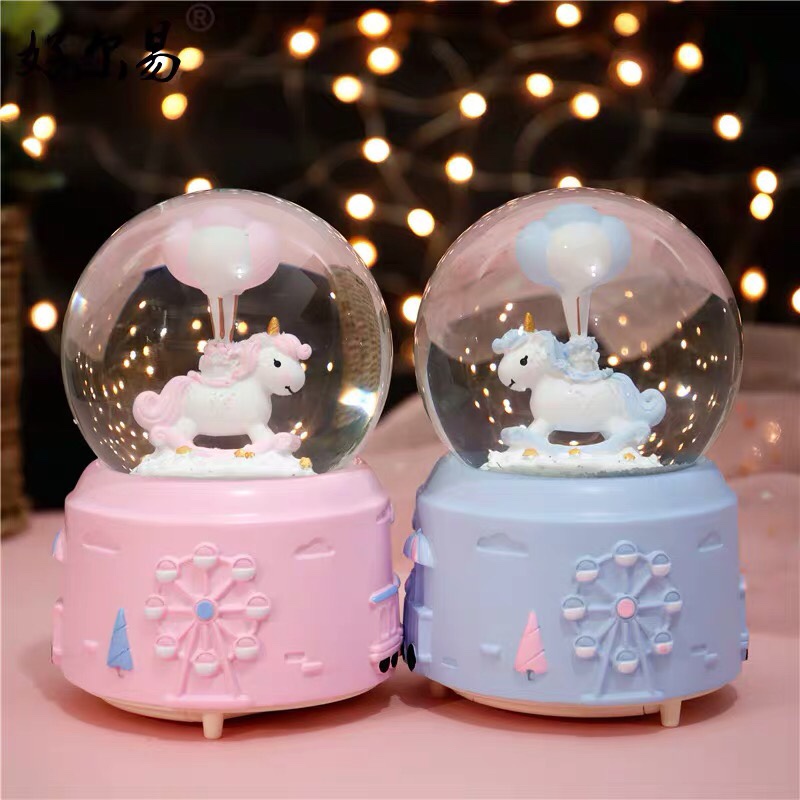 100mm automatic snowfall crystal ball, wooden horse music box, seven-color lights