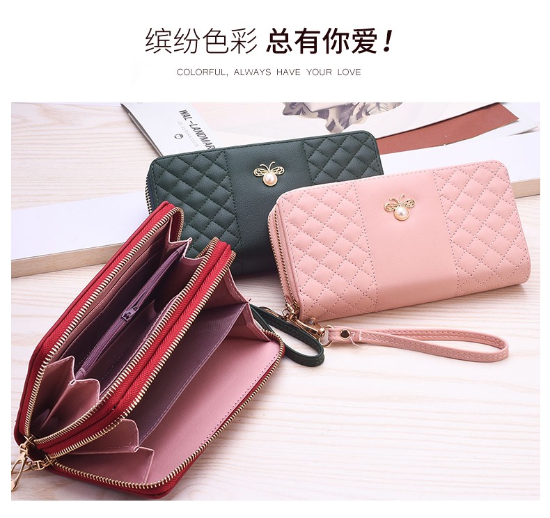 New long double-zipper mobile phone case for women, featuring bee hardware and exquisite embroidery thread, is fashionable and elegant. Factory direct sales detail image 6