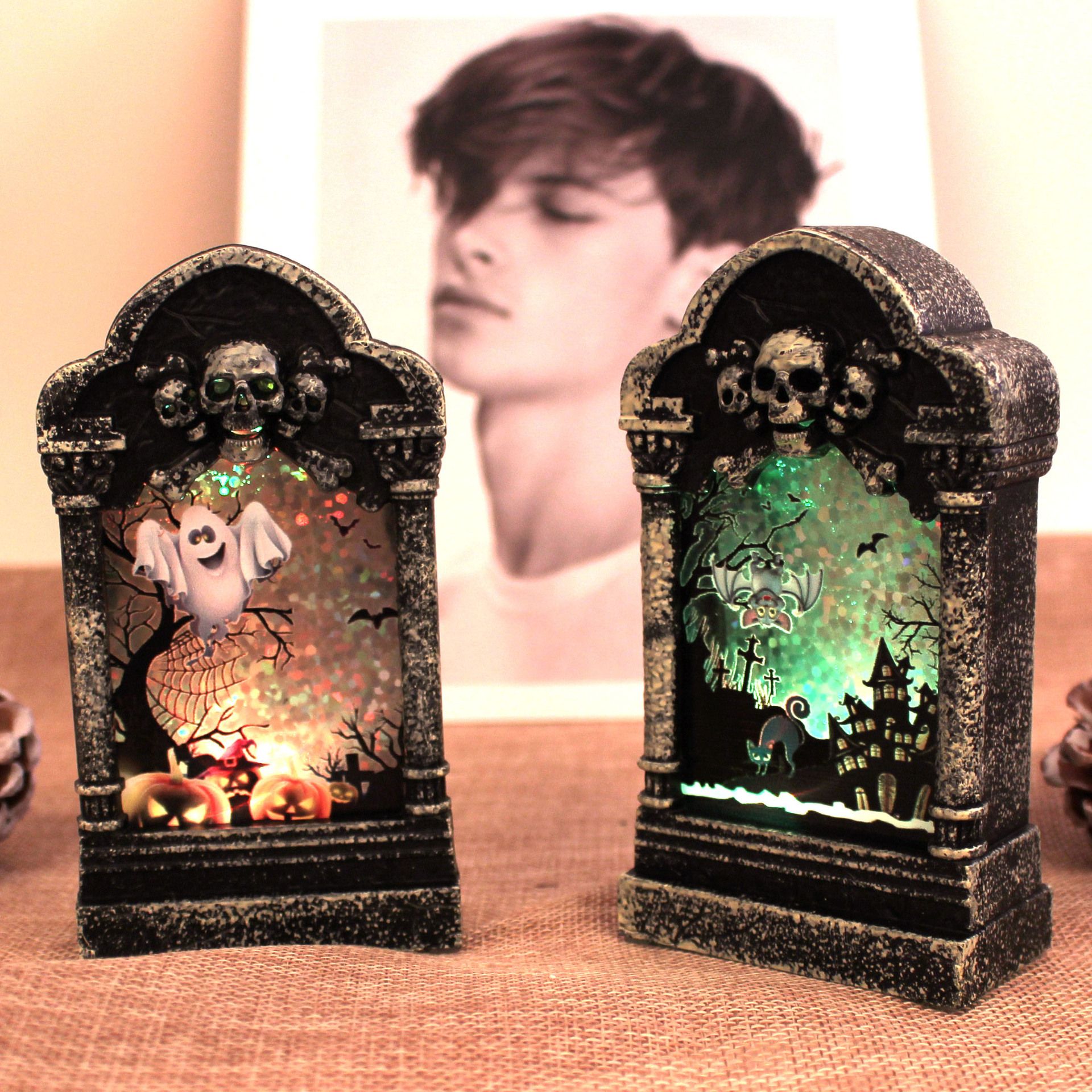 Halloween LED candlestick lamp wind lamp Halloween tombstone decoration props ornaments