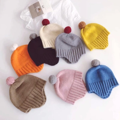 Ins wind pure color big ball children knitting ear protection hat autumn winter lovely warm baby bean hat wool hat thumbnail