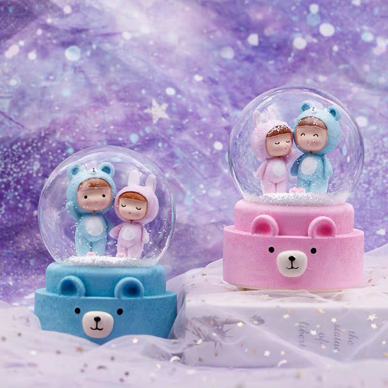 100mm automatic snowfall crystal ball, couple rabbit music box, seven-color lights
