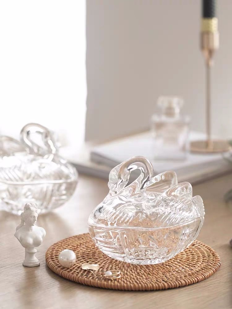 北欧水晶天鹅玻璃 创意糖果盒 化妆 首饰 储物糖缸