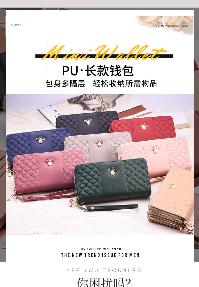 New long double-zipper mobile phone case for women, featuring bee hardware and exquisite embroidery thread, is fashionable and elegant. Factory direct sales detail image 13