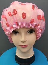 厂家直销 草莓双层包边浴帽 双层环保防水浴帽 旅行便捷浴帽