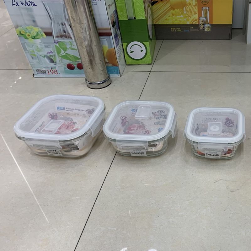 钢化玻璃保鲜盒三件套 长方形保鲜碗 正方形玻璃碗带菜饭盒带扣