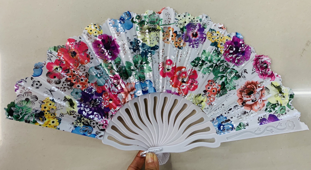 White Curved Stem Rose Silk Fan