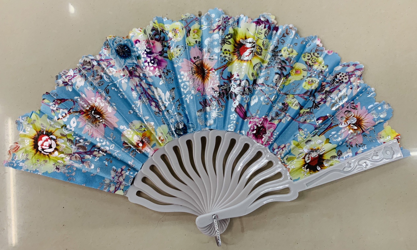 White Curved Stem Rose Silk Fan details Picture