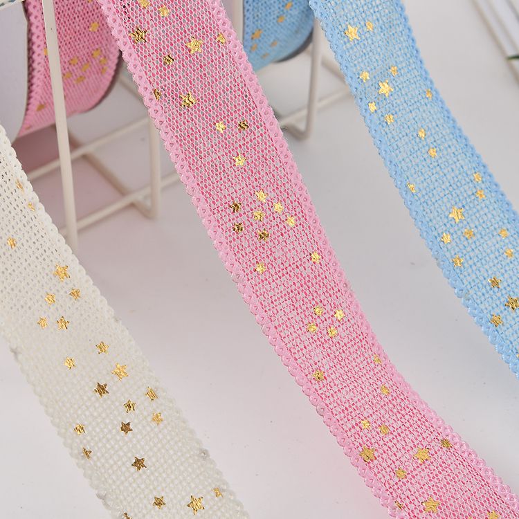 Factory direct sales and wholesale of gifts, handicrafts, decorations, 2.5cm imitation linen gilded star webbing, webbing accessories, webbing accessories, webbing small bow ribbons Specification image