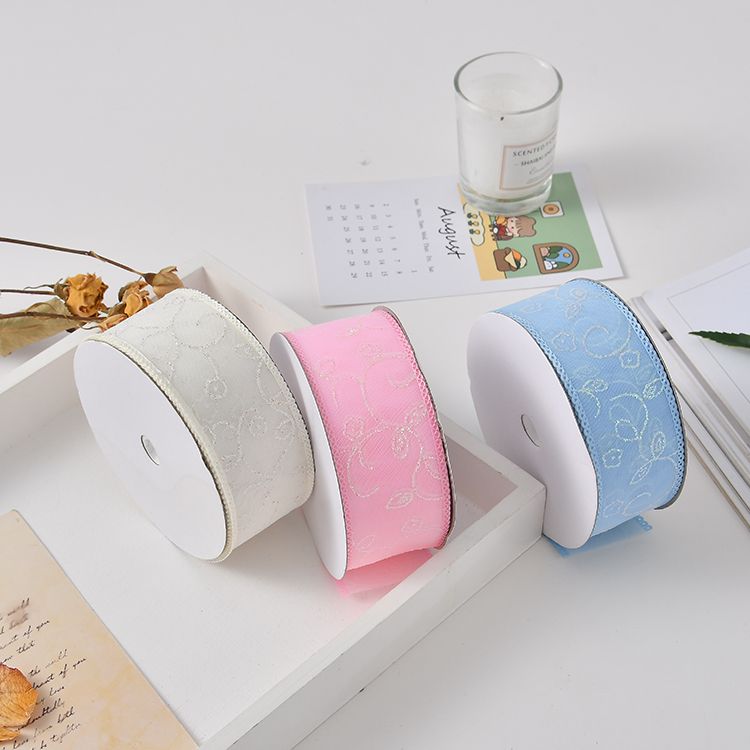 3.8cm Offset printed glitter small flower gauze ribbon factory direct sales Headwear toy decoration small bow ribbon accessories webbing