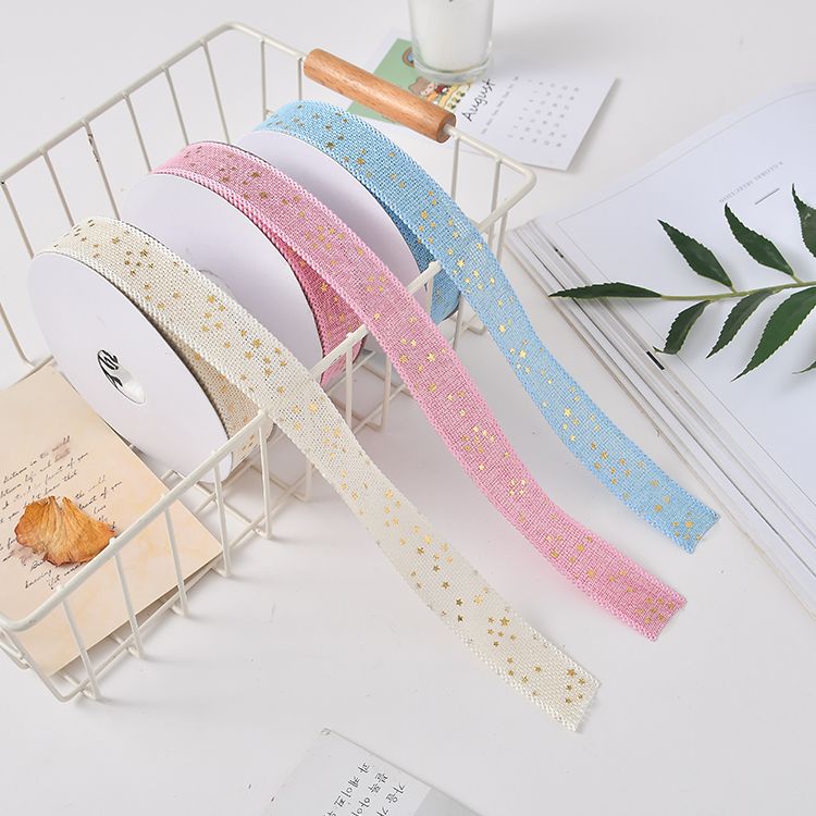 Factory direct sales and wholesale of gifts, handicrafts, decorations, 2.5cm imitation linen gilded star webbing, webbing accessories, webbing accessories, webbing small bow ribbons details Picture