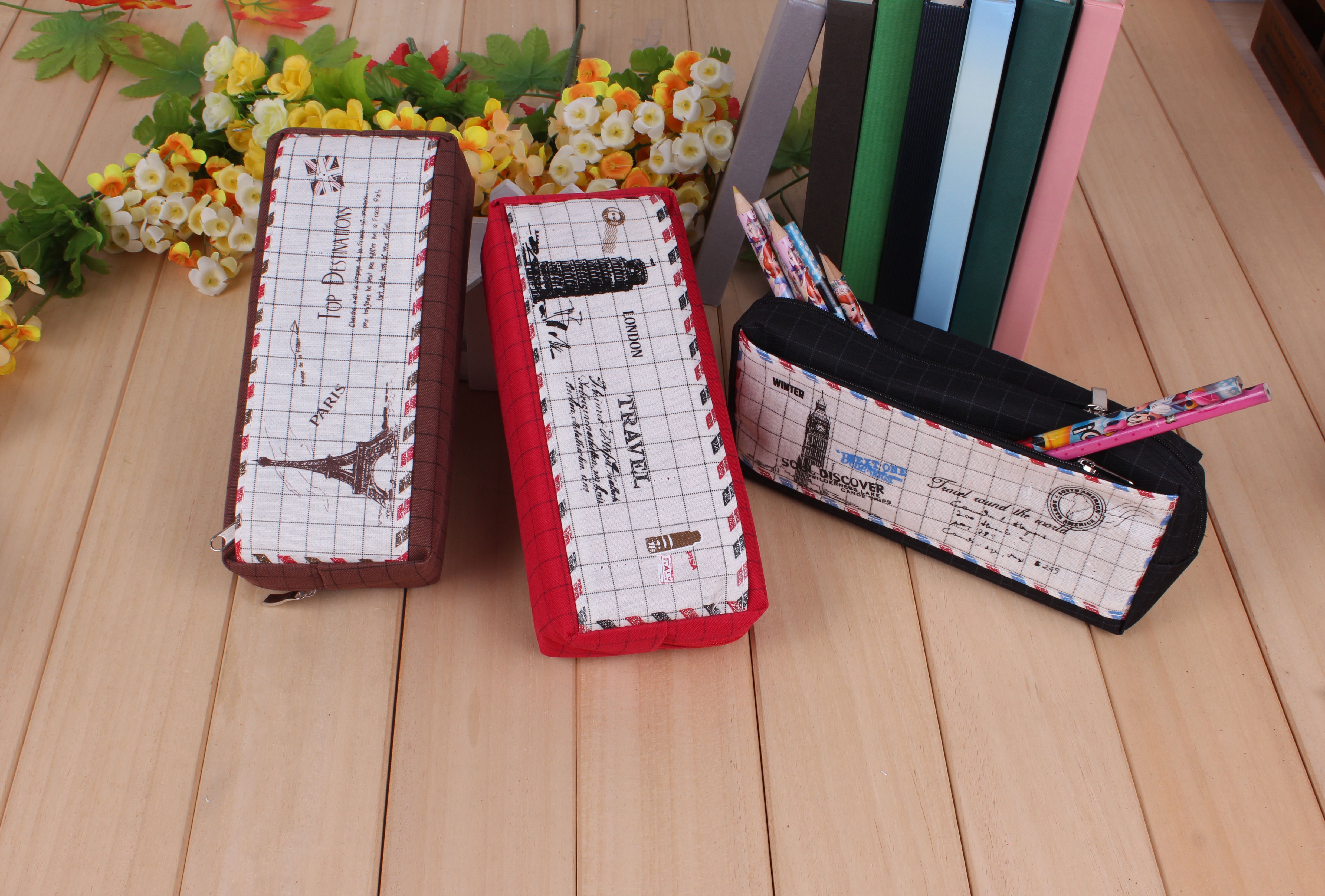 Check pattern double zipper canvas pencil case thumbnail
