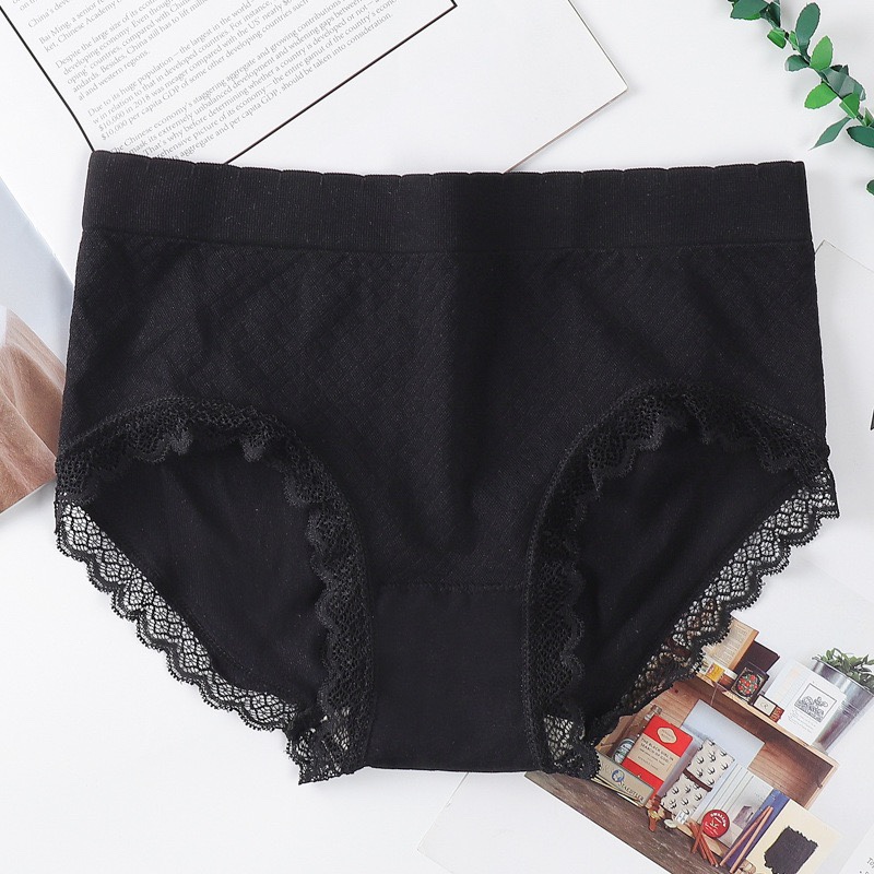 新款无缝方格蚕丝蛋白女士内裤高弹透气舒适裤裆中腰三角裤日系甜美花边裤详情图7