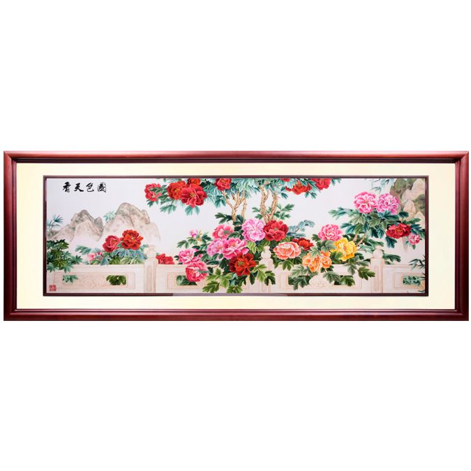 客厅沙发背后办公室酒店大堂 牡丹国色天香 纯手工刺绣 73.5*216.5cm