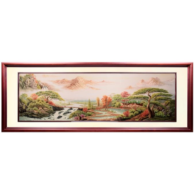 客厅沙发背后办公室酒店大堂 欧式山水风景 纯手工刺绣 73.5*216.5cm