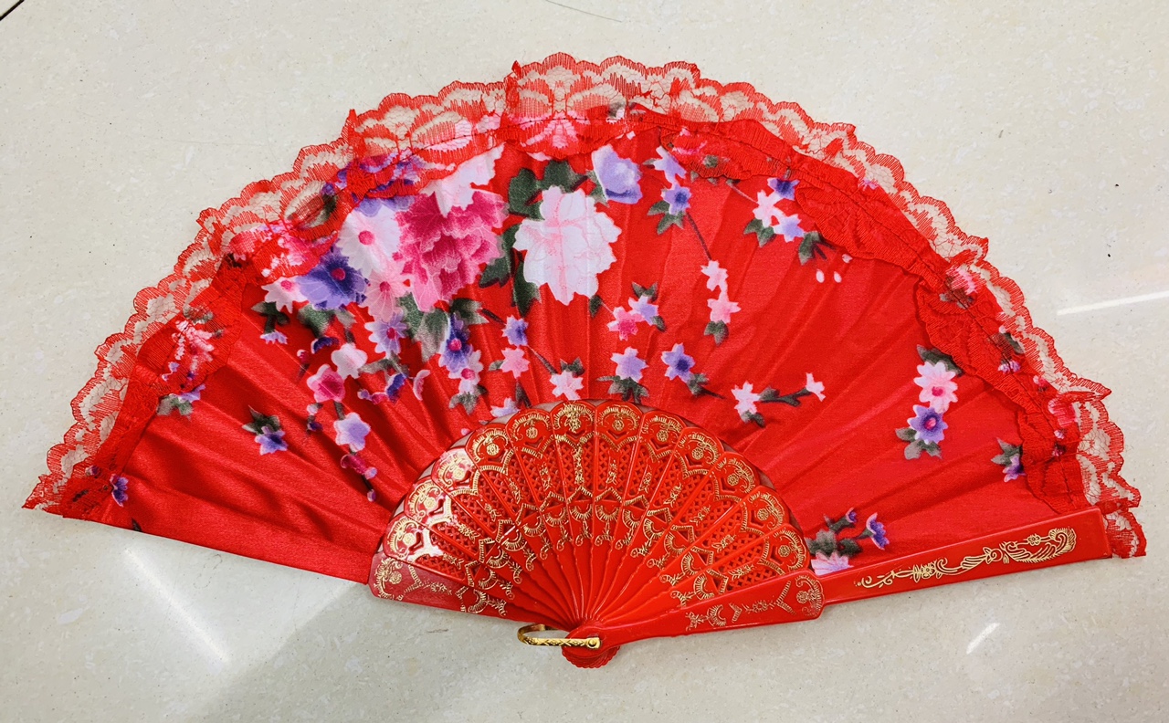 国潮彩杆花边绸布扇
