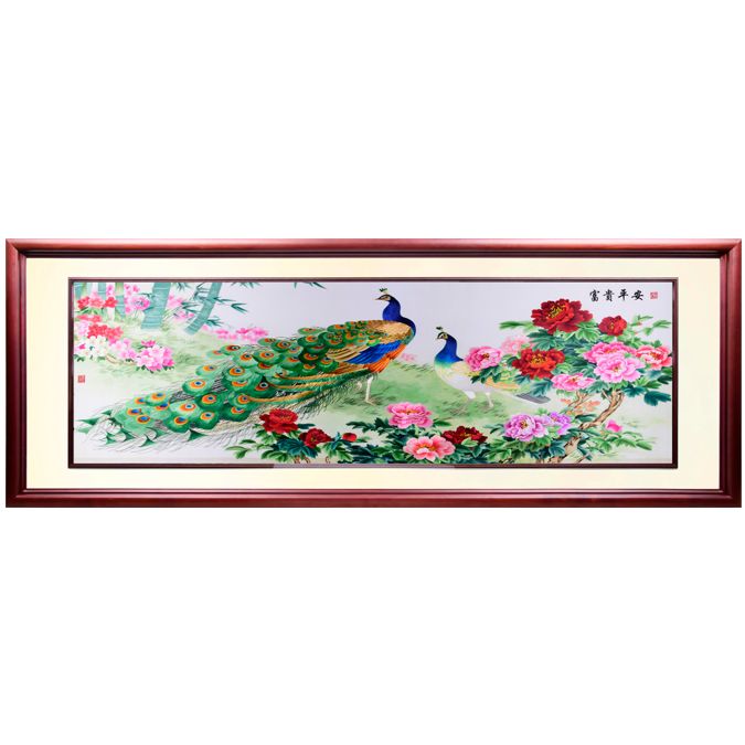 客厅沙发背后办公室酒店大堂 孔雀牡丹富贵平安 纯手工刺绣 73.5*216.5cm
