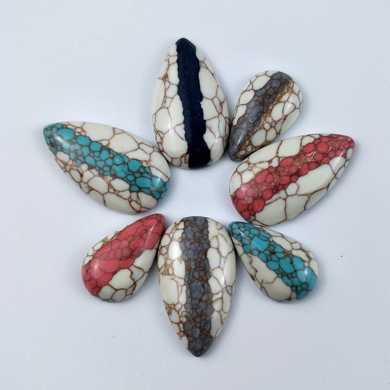 Cross-border hot-selling synthetic turquoise water drop ring face pendant, two-color inlaid flat-bottomed bare stone jewelry accessory, large quantity discount details Picture