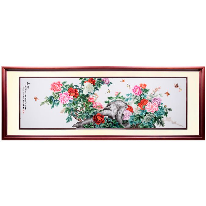客厅沙发背后办公室酒店大堂 牡丹和谐平安 纯手工刺绣 73.5*216.5cm