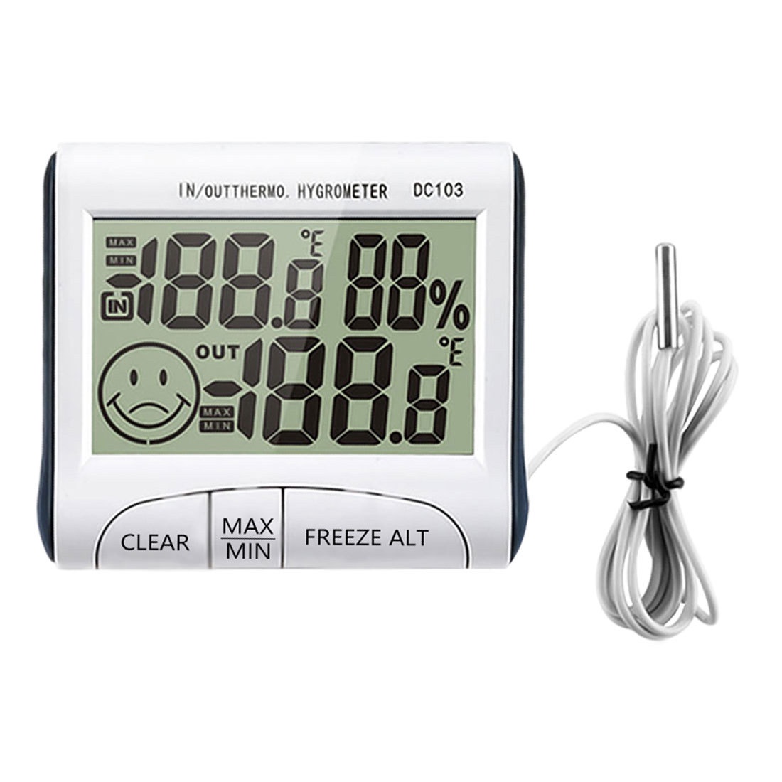 DC103 indoor and outdoor thermometer and hygrometer with clock function, portable temperature and humidity meter with probe details Picture