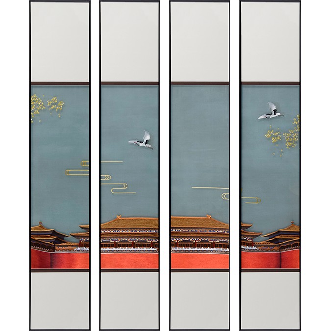 客厅沙发背后办公室酒店大堂  祥云飞鹤四联组合  纯手工刺绣 25*140*4cm详情图1