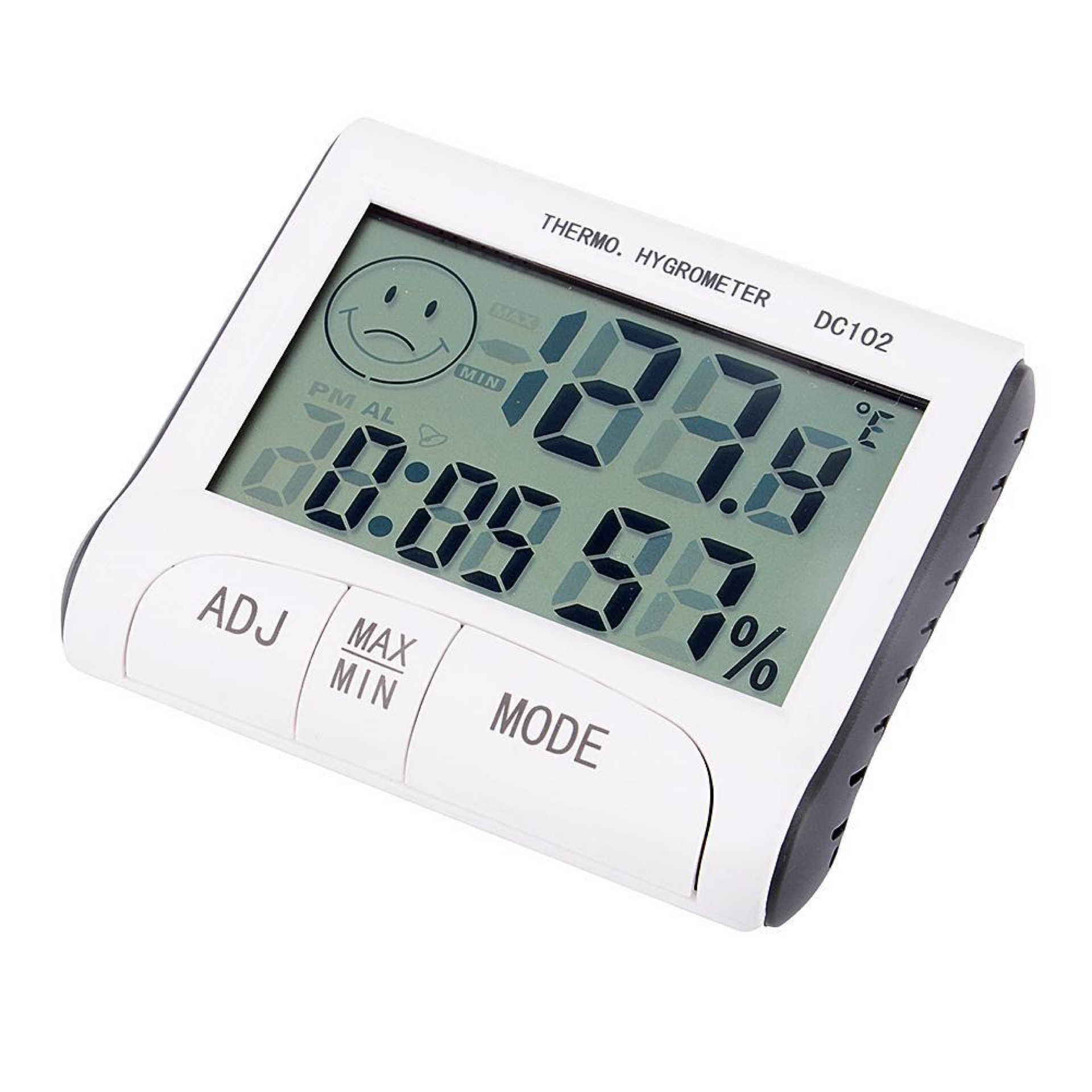 DC102
室内室外温度计湿度计带时钟功能 便携式温湿度计不带探头白底实物图